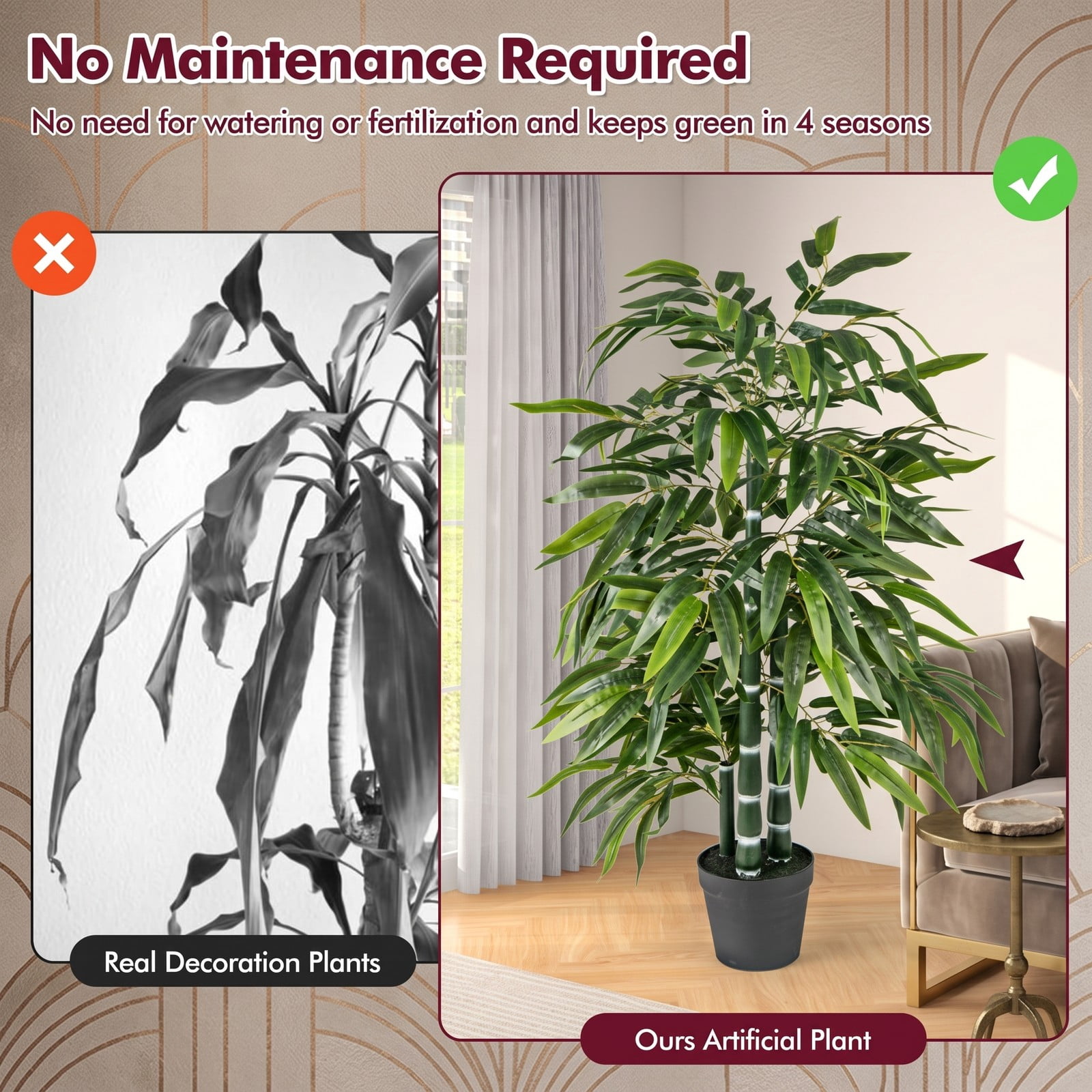 ALPULON 2 Pack Artificial Bamboo Tree 50 Inch Fake Bamboo Plant with 3 PE Trunks and Weighted Cement Base for Indoor Home Office Floor Decor, Green