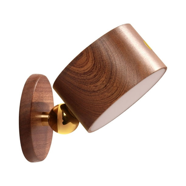 Aplique de pared de madera con pilas, luz LED de pared con rotación de 360 °, bola magnética, atenuación continua, recargable, montado en la pared, inalámbrico