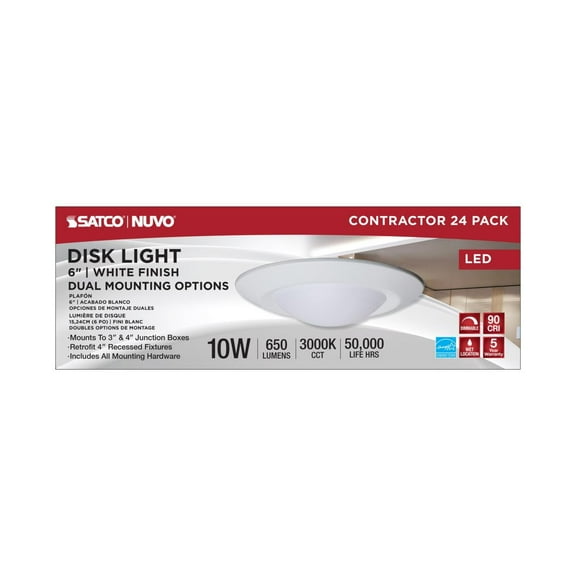 Nuvo 62/1761 LED Flush Mount Disk Lights 6" 10W 3000K Round White Dimmable (24 Pack Contractor Box)