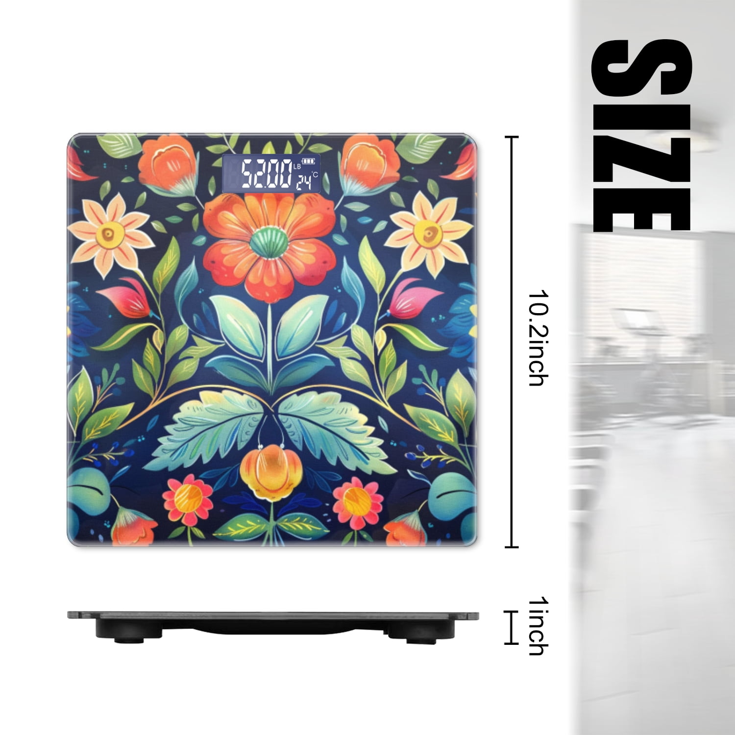 Bathroom Scale, Highly Accurate Digital Body Scale,Precisely Measures Weight up to 400 lbs-Beautiful Colorful Folk Art Floral Pattern On Dark Blue Background