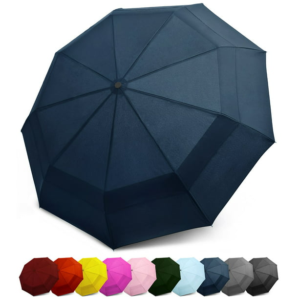 EEZ-Y 42 Inch Compact Travel Umbrella with Windproof Double Canopy  Construction and Automatic Open Button