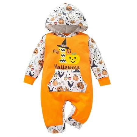 

XBTCLXEBCO Newborn Baby Boys Girls Halloween Jumpsuit Dots Pumpkin Hoodie Buttons Long Sleeves Romper