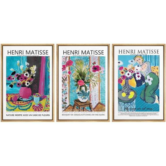 IDEA4WALL Framed Canvas Print Wall Art Set of 3 Still Life with Vase of Flowers by Claude Monet Fine Art Botanical Flowers Floral Illustration Vintage Artwork for Room Decor -