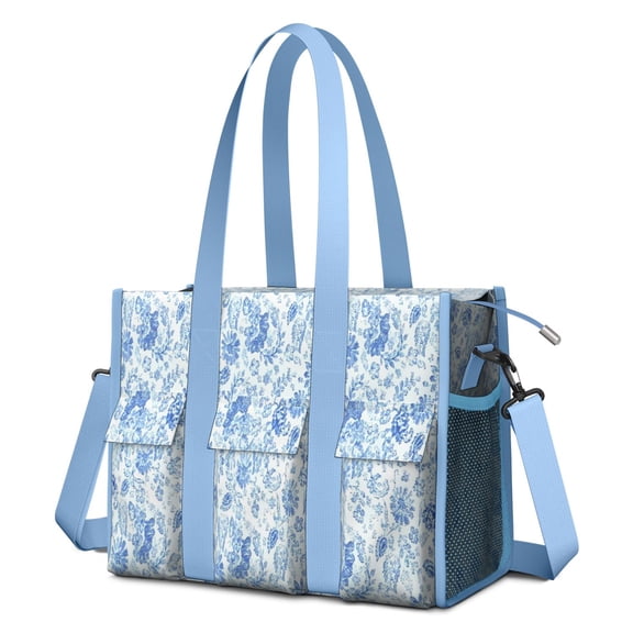 Teacher Tote Bag,Pioneer Flower Floral Print Pattern Teacher Utility Tote Bag,Large Work Tote Bags for Women with Multiple Pockets,Top Zipper Closure,13.8x10.6x6.7 Inch