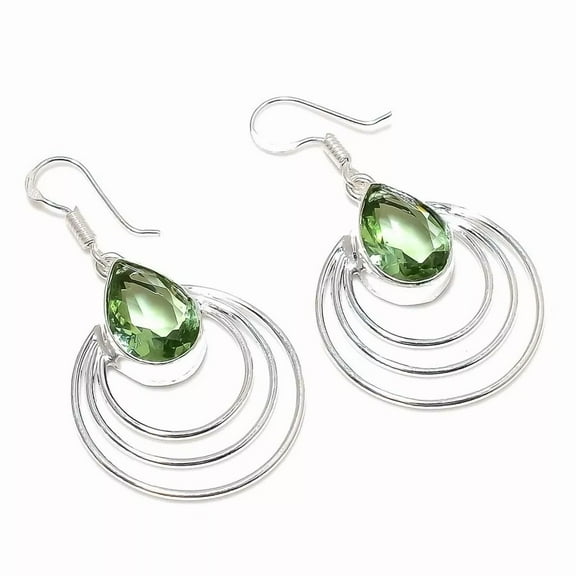 Green Amethyst Gemstone Handmade 925 Sterling Silver Jewelry Earring Sz 1.8''