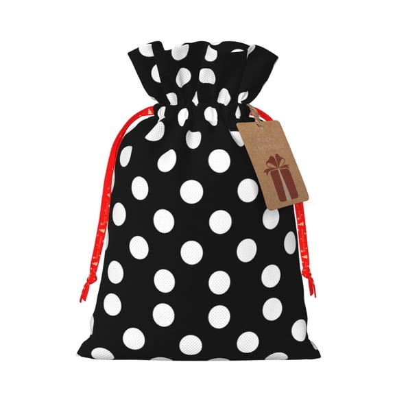 Fuzoiu Black and White Polka Dot Print Christmas Gift Bag,Burlap Gift Bag with Drawstring Closure & Hang Tag,Perfect for Holidays, Birthdays, and Special Occasions-Small