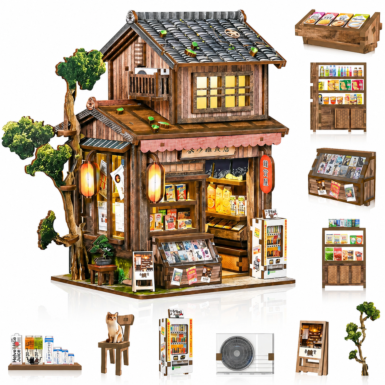 MOJINO Book Nook Kit for Adults, Spring Grocery Store DIY Miniature House Kit with LED Light, 3D Puzzle Bookshelf Decor for Reading Room & Desk