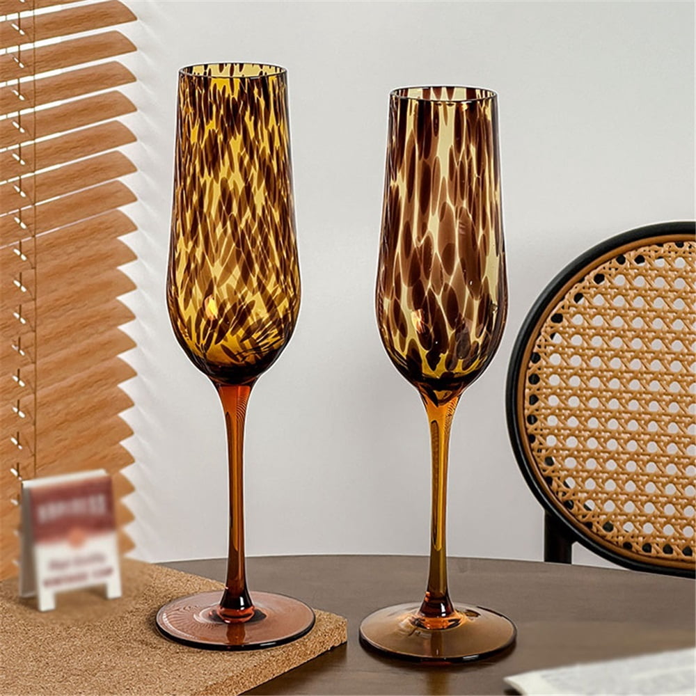 Vintage Champagne Glass, Leopard Print Champagne Flute Glass Set of 2 Capacity 8.29 oz for Couples Dating Christmas