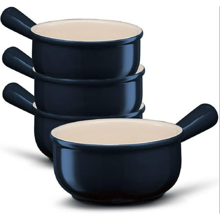 

French Onion Soup Crocks Ceramic Bowls Microwave Dishwasher Safe & Oven safe with Easy to Grip Handle Stoneware For Chili & Stew 15 oz Set of 4 (Navy)
