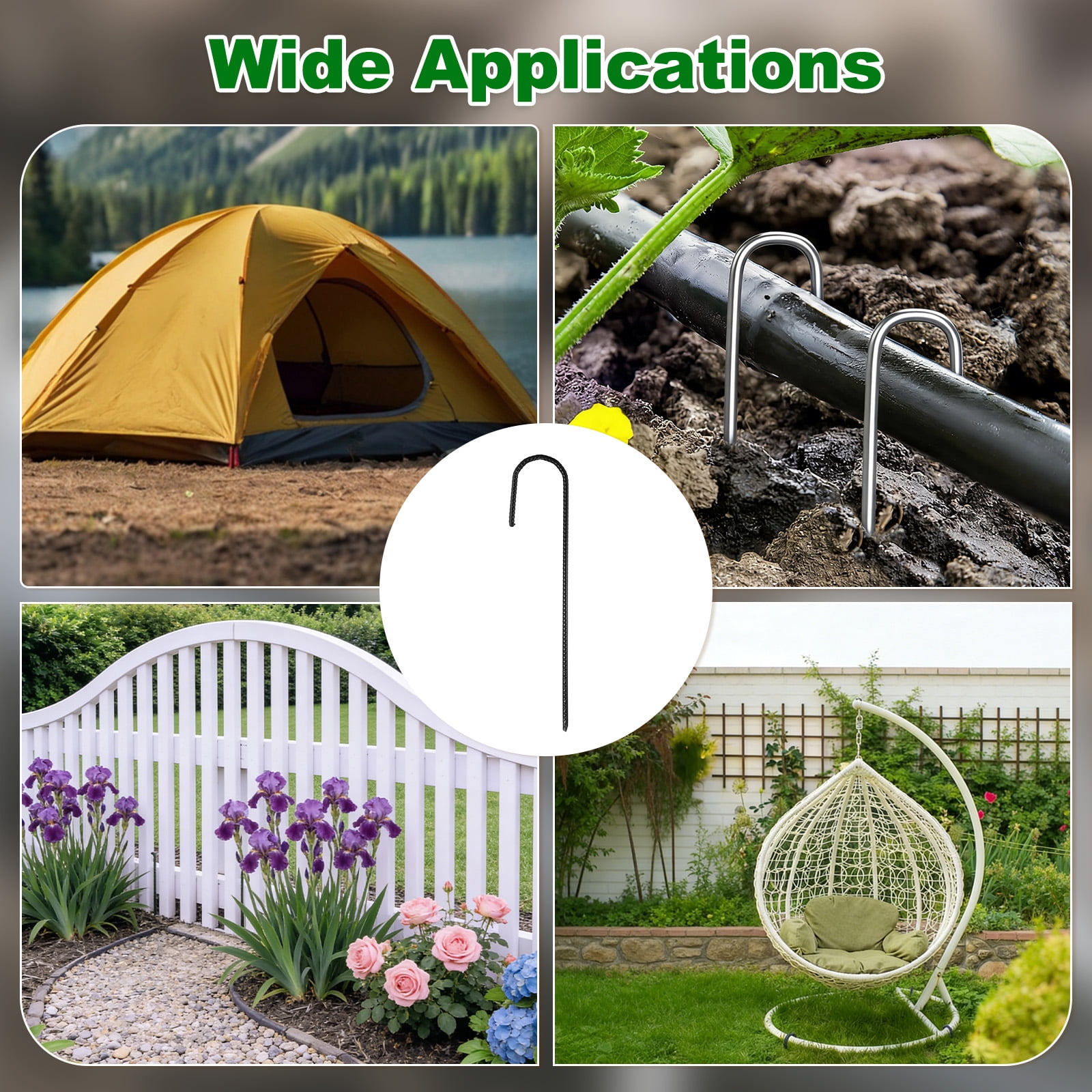 10 Pack Ground Stakes Heavy Duty J Shaped Stakes, 12 Inch Steel Tent Pegs 0.24" Dia J Hook Ground Anchors Link Fence Spikes with Chisel Point End for Garden Camping Gazebo, Black