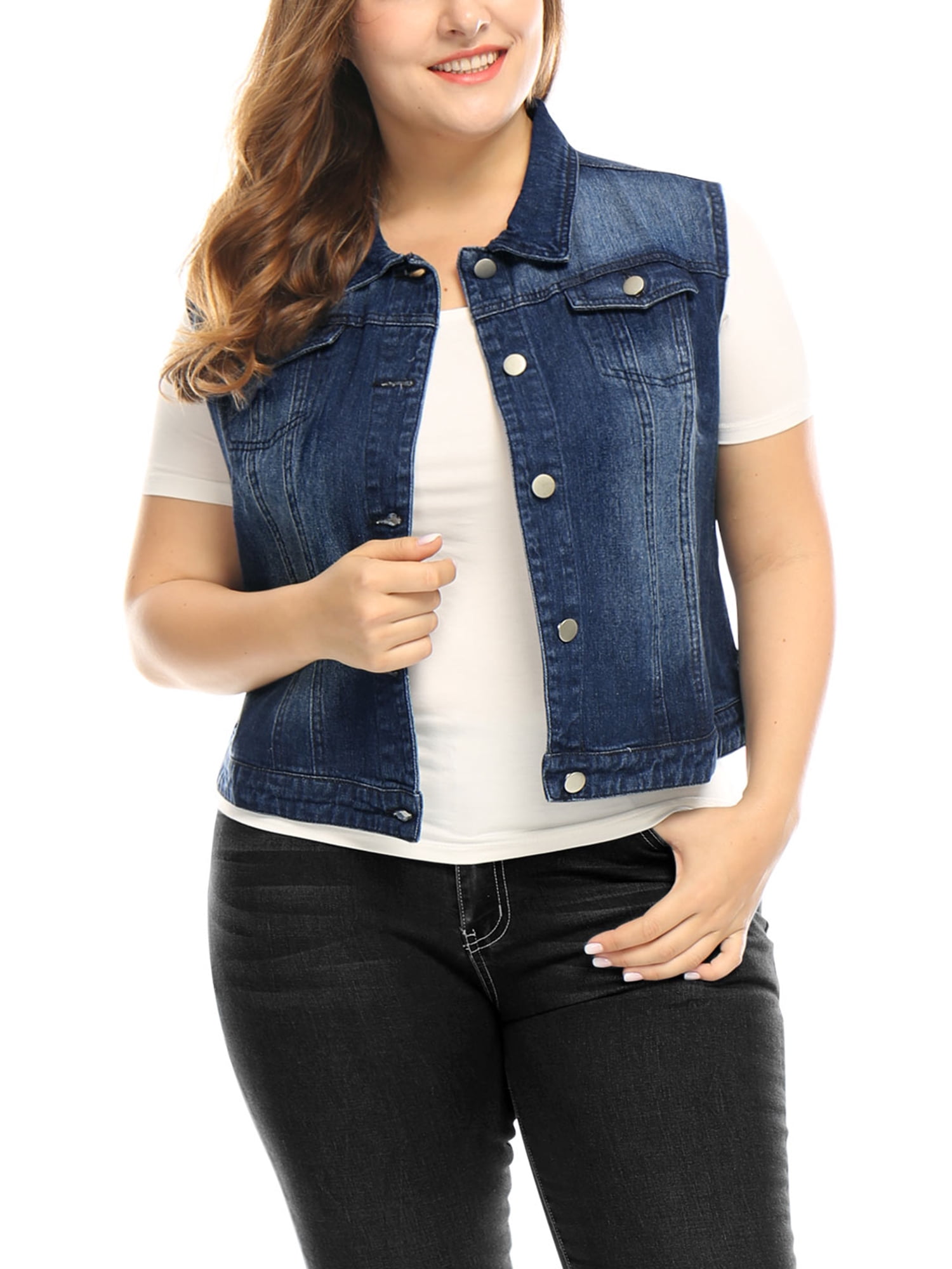 Unique Bargains Women's Plus Size Chest Pockets Single Breasted Denim Sleeveless Jacket