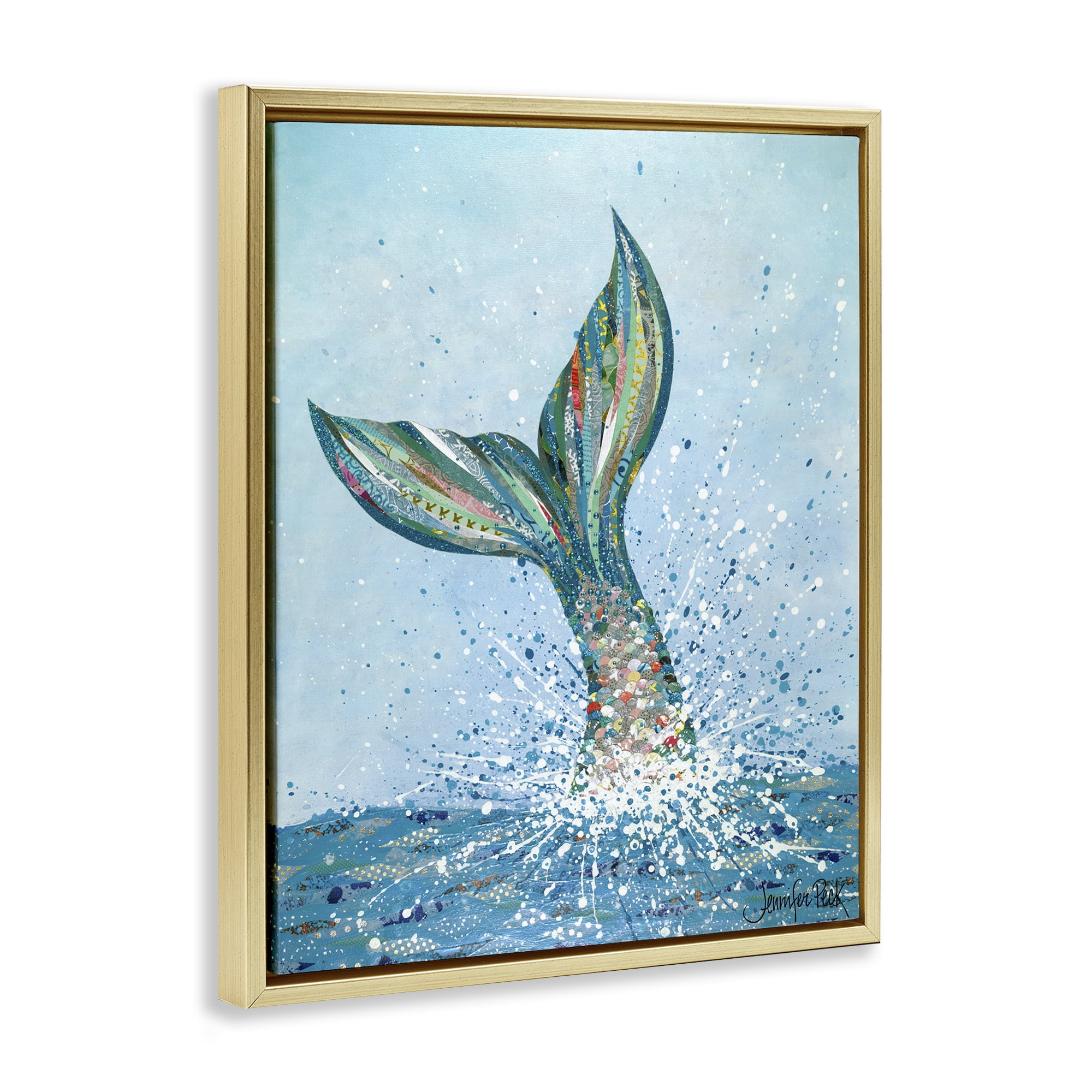 Stupell Industries Diving Mermaid Tail Fairy Tales & Fantasy Painting Gold Floater Framed Canvas Art Print Wall Art, 17 x 21