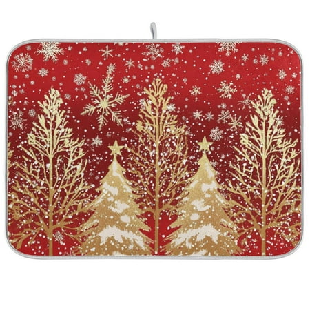 

Gold Christmas Trees Snowflakes Dish Drying Mat Absorption Pad Kitchen Drainer for Counter Dinning Table 18 x 24