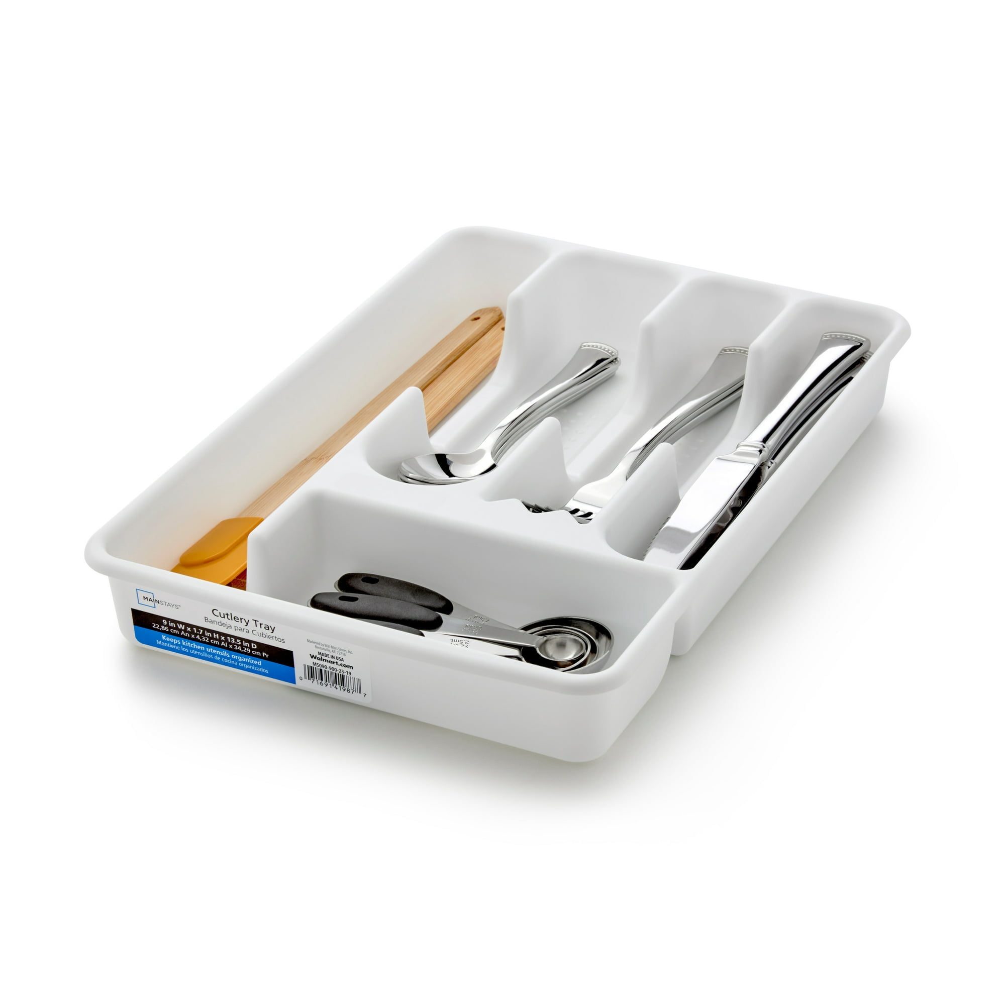 Mainstays Plastic 5-Compartment Kitchen Drawer Organizer Tray, Silverware and Utensil Organizer for Cutlery and Flatware Storage, White, 9" x 13.5"