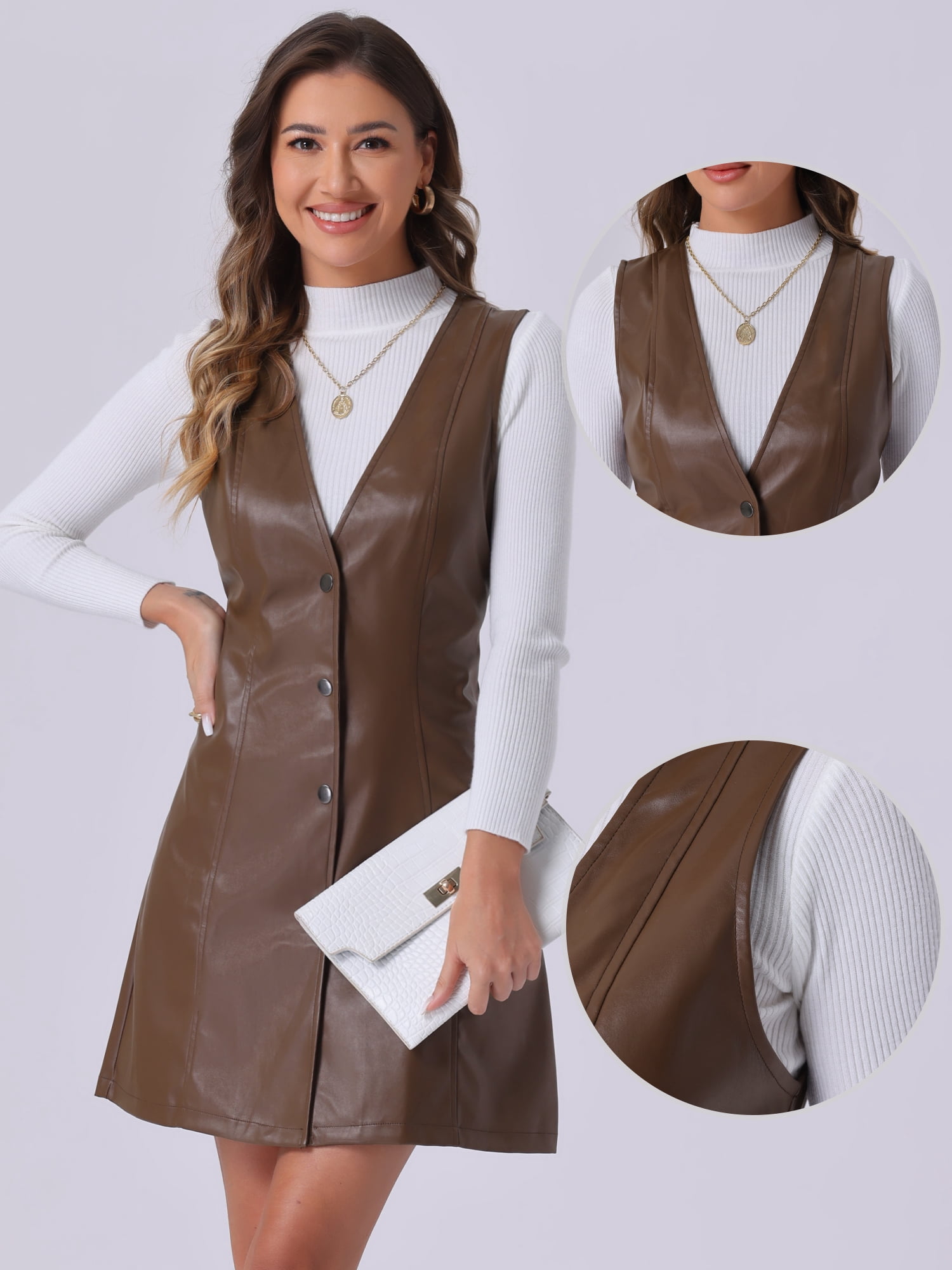 DARING DIVA Women's Faux Leather Button Down Mini Pinafore Dresses XS Brown