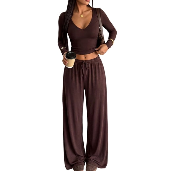 Women's V Neck Ribbed Crop Long Sleeve Top Drawstring Wide Leg Pants Two Piece Set Brown S