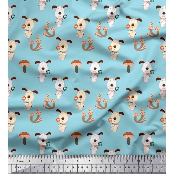 Soimoi Cotton Duck Fabric Mushroom & Dog Kids Print Fabric by Yard 42 Inch Wide