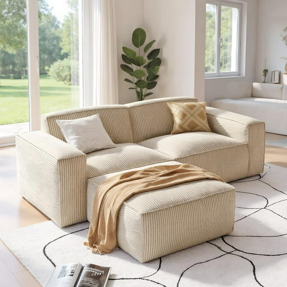 Amada 80" L Shaped Sofa Modular, Corduroy Clopud Couches with Deep Seats &High-Back, Upholstered Couches for Living Room Bedroom with Ottoman, No Assembly Required(2-Seater&1 Ottoman,Beige White)