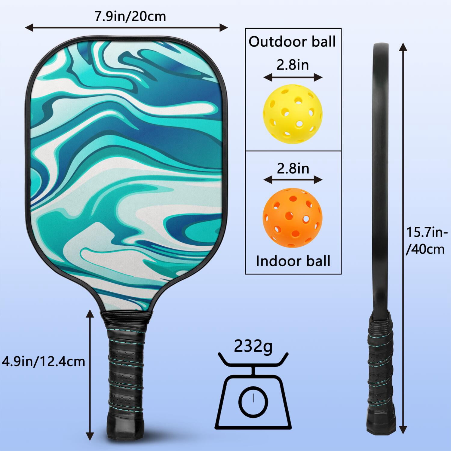 Pickleball Paddles Set Of 2, Fiberglass Surface, Liquid & Marble Print, 4 Balls & Bag