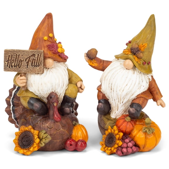 Hello Fall Orange Gnome 6 inch Resin Decorative Tabletop Figurine Set 2