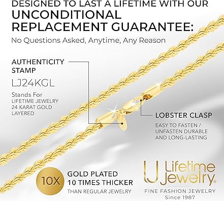 LIFETIME JEWELRY 5mm Rope Chain Necklace 24k Real Gold Plated-Women and Men (24 inches)