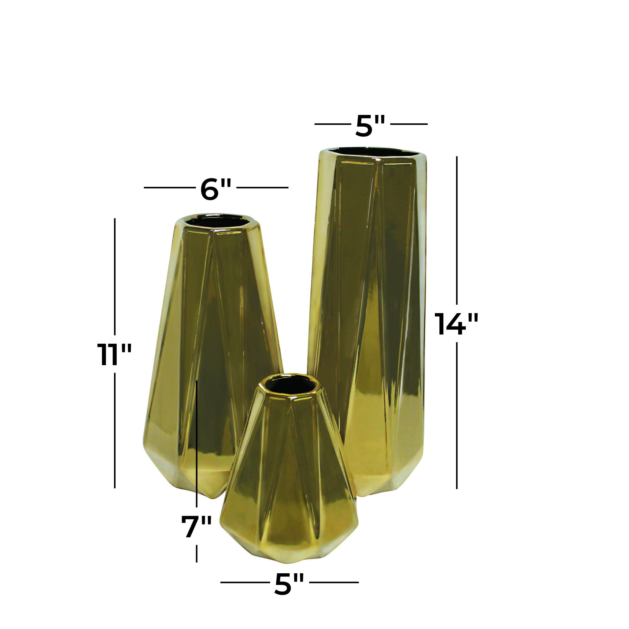 DecMode 14", 11", 7"H Geometric Gold Ceramic Vase, Set of 3