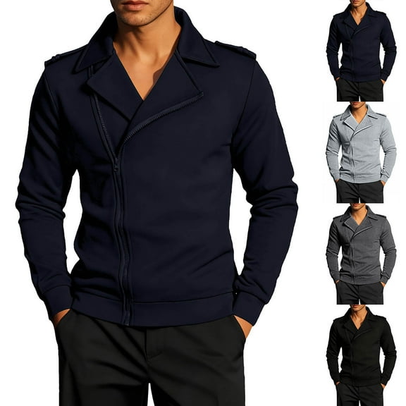 safuny Men's Oblique Zip Jacket Slim Lapel Long Sleeve Casual Fashion Outerwear Black L