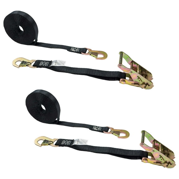 1" x 20' Ratchet Strap w/ Flat Snap Hooks (Black) - 2 Pack