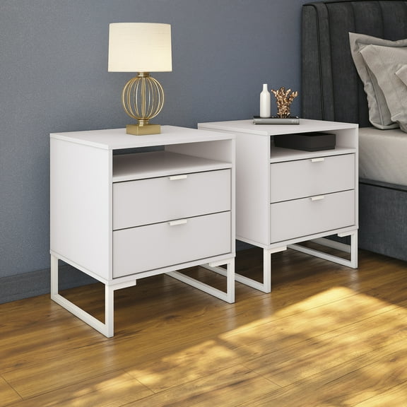 Kappesberg Collins White 2-Drawer Nightstand Set of 2 – Teens & Adults Modern Bedroom Storage