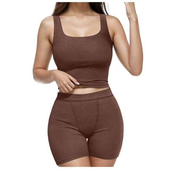Riforla 2 Piece Sets for Women Matching Workout Set Cropped Tank Tops and High Waist Yoga Leggings Active Wear Sets for Women 2 Pieces Brown XL