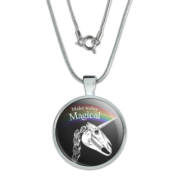 Make Today Magical Skeleton Unicorn Skull Halloween 1" Pendant with Sterling Silver Plated Chain