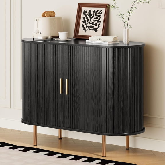 40" Black Sideboard Buffet Cabinet, Mid-Century Modern, Fluted Accent, Tambour Sliding Doors, Adjustable Shelf, Coffee Bar Console Table for Living Room, Kitchen, Entryway