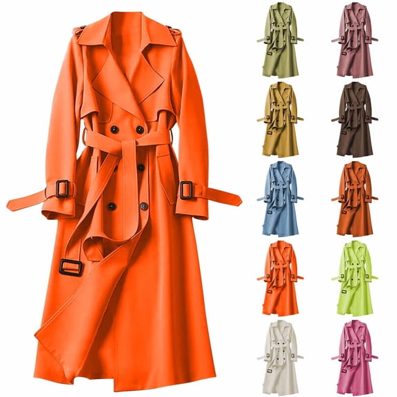 Lovzfmll Trench Coat for Women, Solid Color Notched Collar Belted Jacket, Elegant Pockets Adjustable Buckle for Office