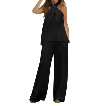 snowsong Lounge Sets For Women 2 Piece Fall Sets For Women Women 2 Piece Outfits Boho Casual Hanging Neck Sleeveless Top Loose Wide Leg Pants Workout Sets Black S