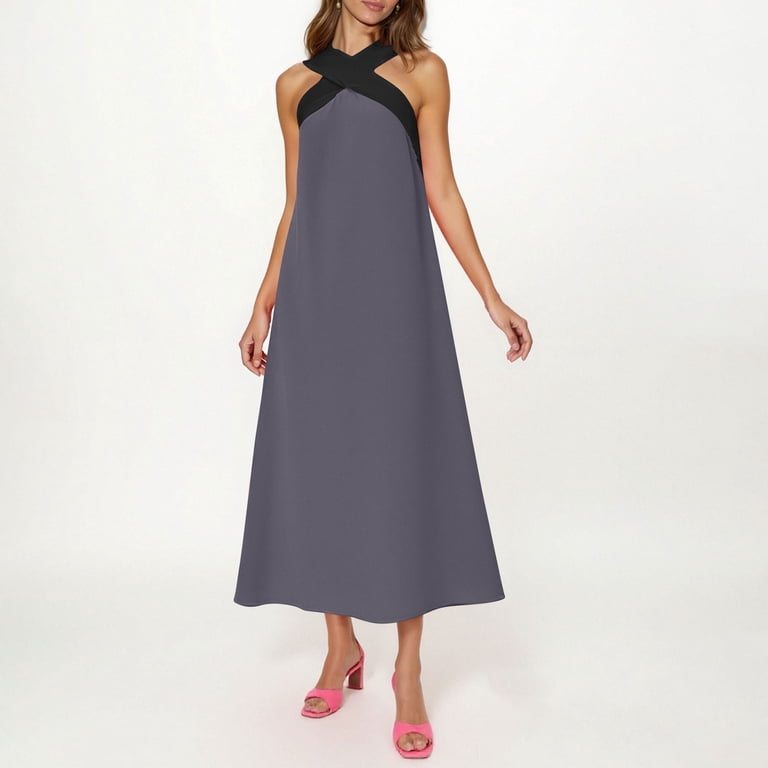 Womens Halter Neck Maxi Dress Sleeveless Cross Front Casual Beach Sundress  Summer Long Flowy Dress - Walmart.com