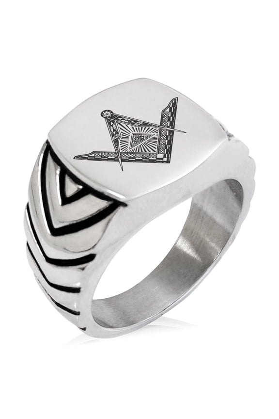 Stainless Steel Freemasons Masonic Eye of Providence Chevron Pattern Biker Style Polished Ring