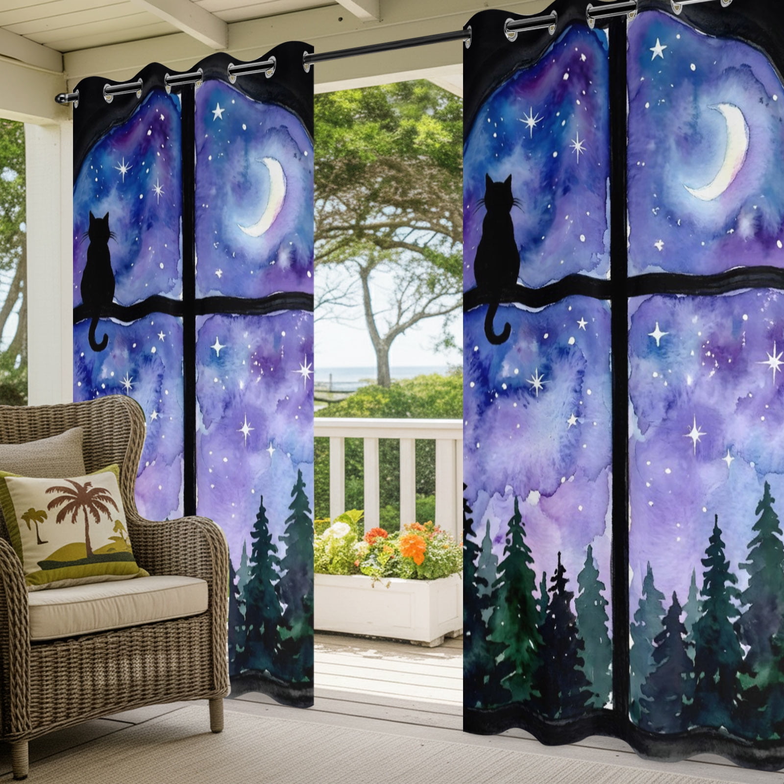 Night Window View Outdoor Curtains for Patio, Cat Moon Forest Starry Sky Sunshade Privacy Drapes Grommet Waterproof Outside Curtains for Porch/Cabana/Balcony 54"x 84", 1 Panel