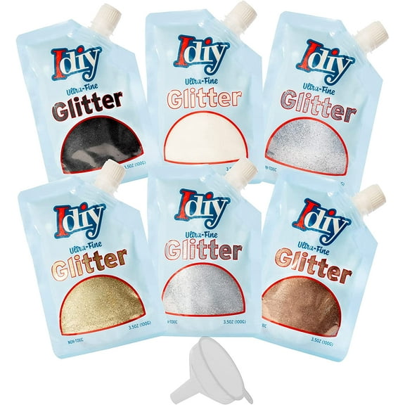 Neutral Colors Ultra Fine Glitter 6-Pack (3.5oz Each) Easy-Pour Spout Bag & Funnel for Tumblers, Ornaments, Holiday Arts & Crafts, DIY Decorations, Gifts & Cards- Stocking Stuffer for Crafters