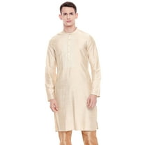 Shatranj Men's Indian Classic Collar Hand Embroidered Placket Long Kurta Tunic; Beige; MD