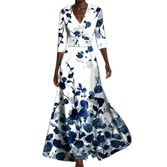 Shirt Dress Women's Fashion Five Points Sleeve Long Vacation Sundress for Summer Casual Wear,Blue L