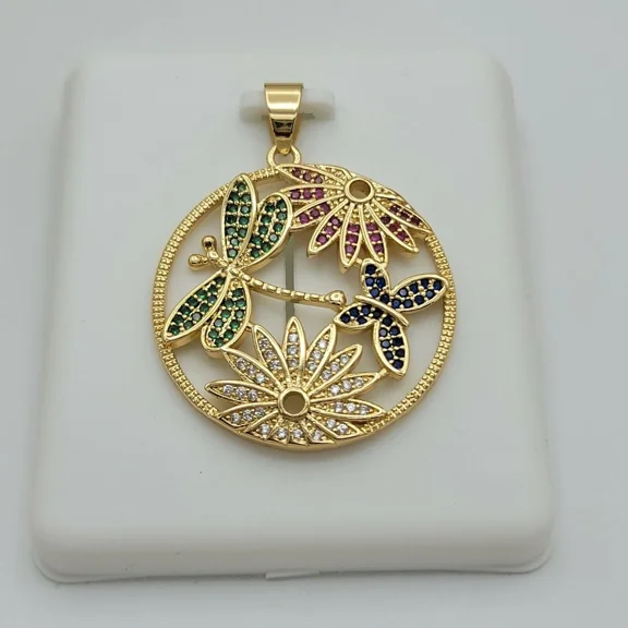 2.50Ct Multi-Color Simulated Diamond Dragonfly & Flower Pendant 14K Yellow Gold Plated
