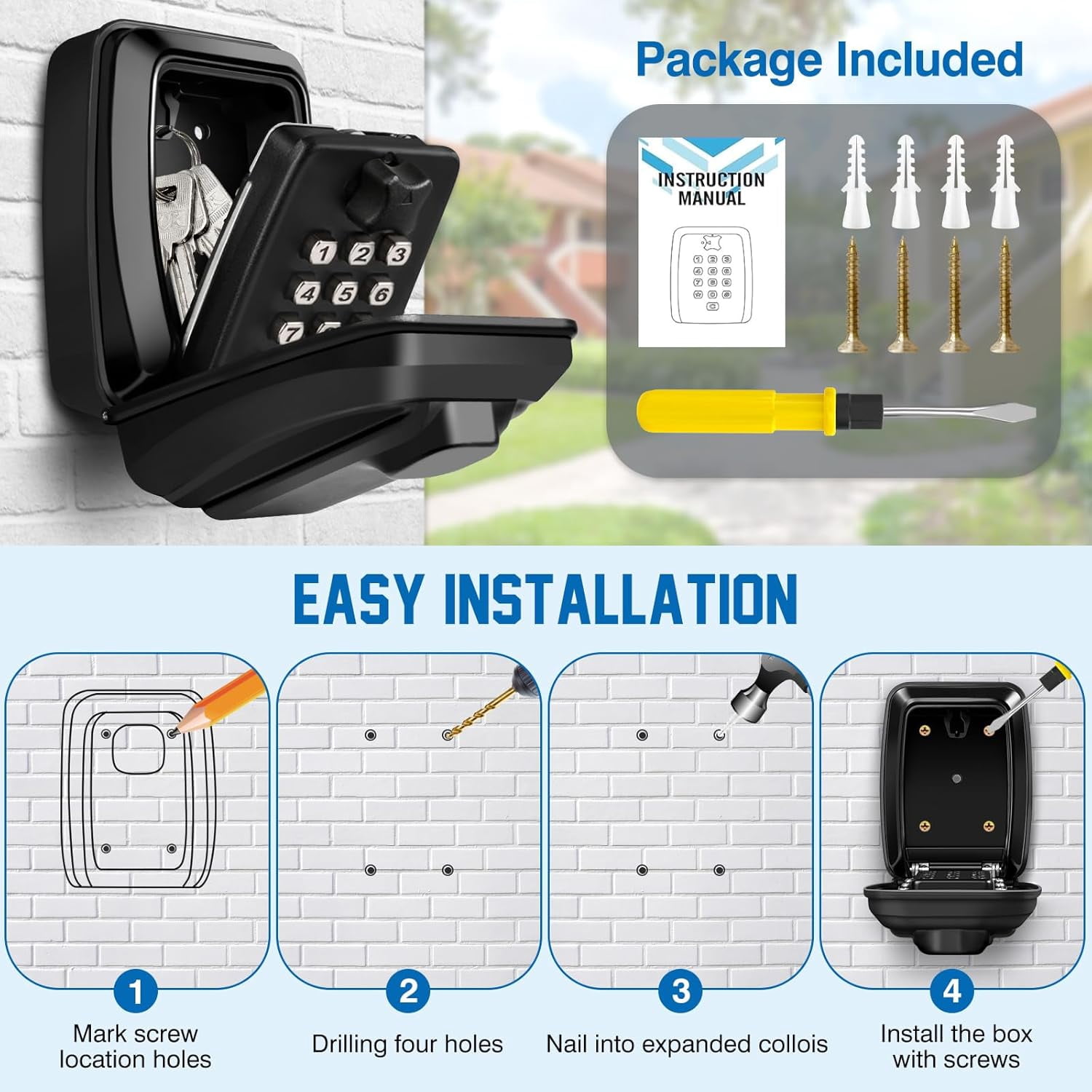Wall Mounted Key Lock Box Waterproof 12 Digit Combination Security Lock with Weatherproof Cover for Home Garage Office