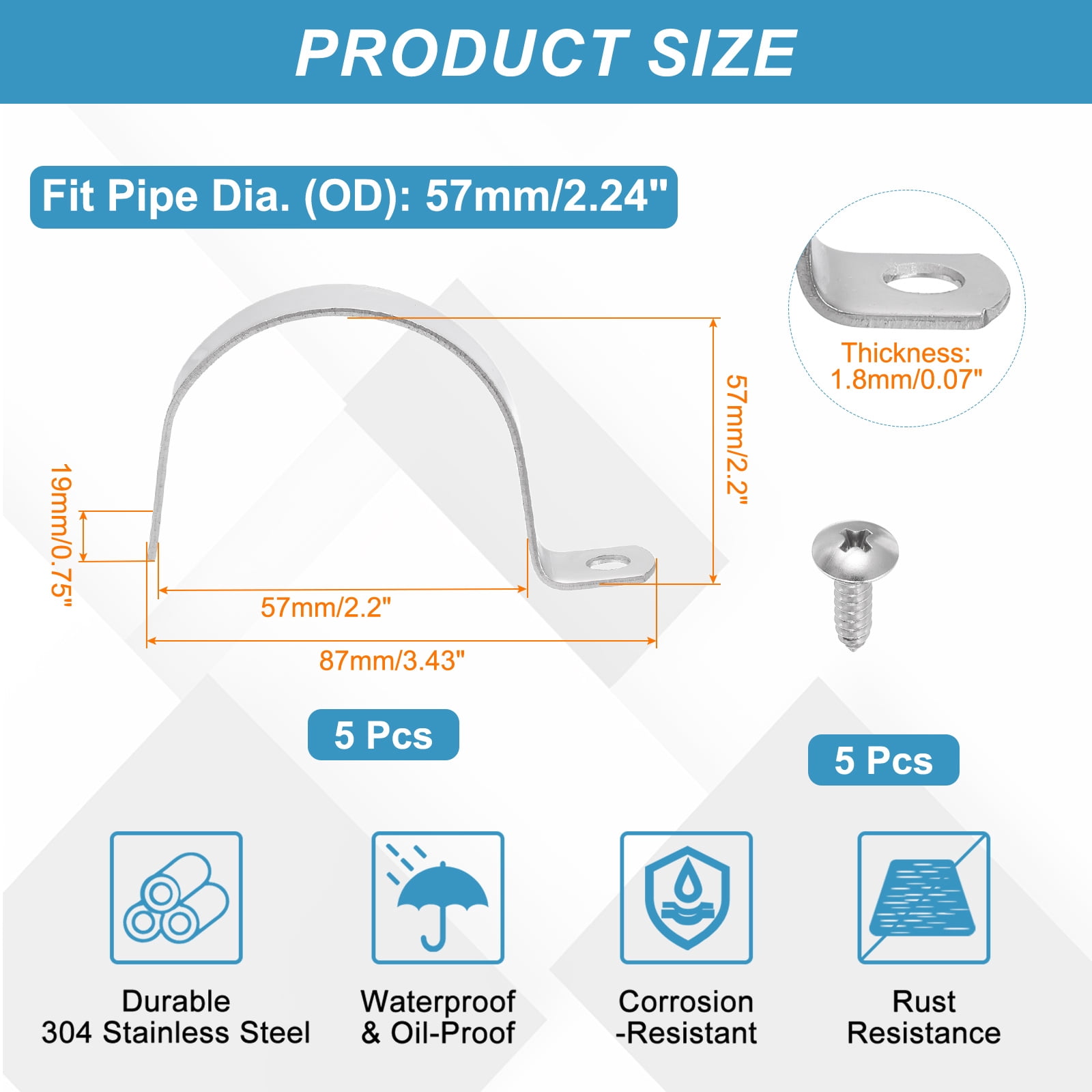 Uxcell 5Pcs 2-1/4" Pipe Strap, 1 Hole Pipe Clamp 304 Stainless Steel Rigid Conduit Clamp U Bracket Heavy Duty with Self-Tapping Screws for Tube Installation, Silver