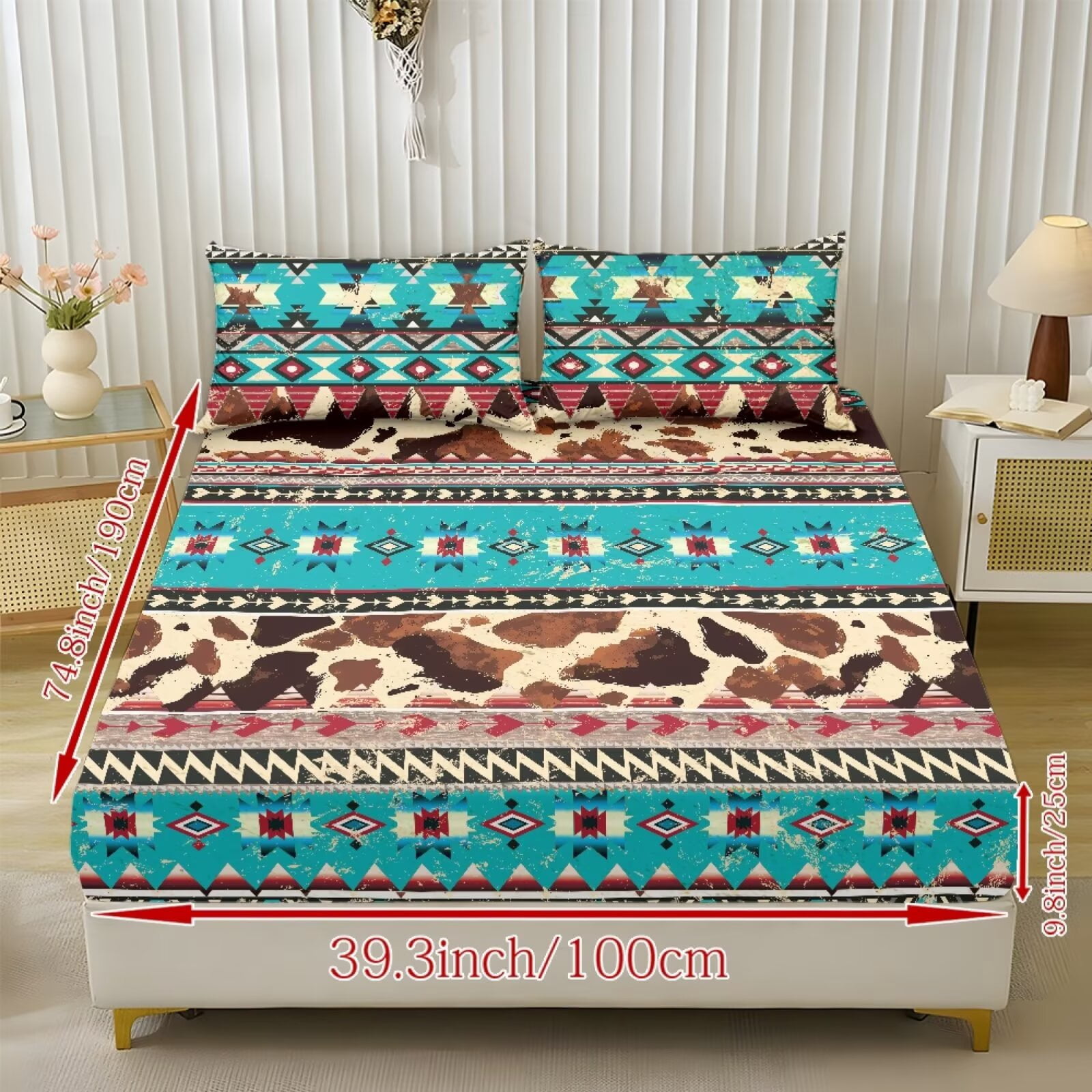 ZIATUBLES Aztec Cow Printed Twin Sheet Set, Soft Cozy Bed Sheet with Pillowcase, Chic Bedding Decor Set, Easy Care for All Seasons, Ideal for Comfy Sleep