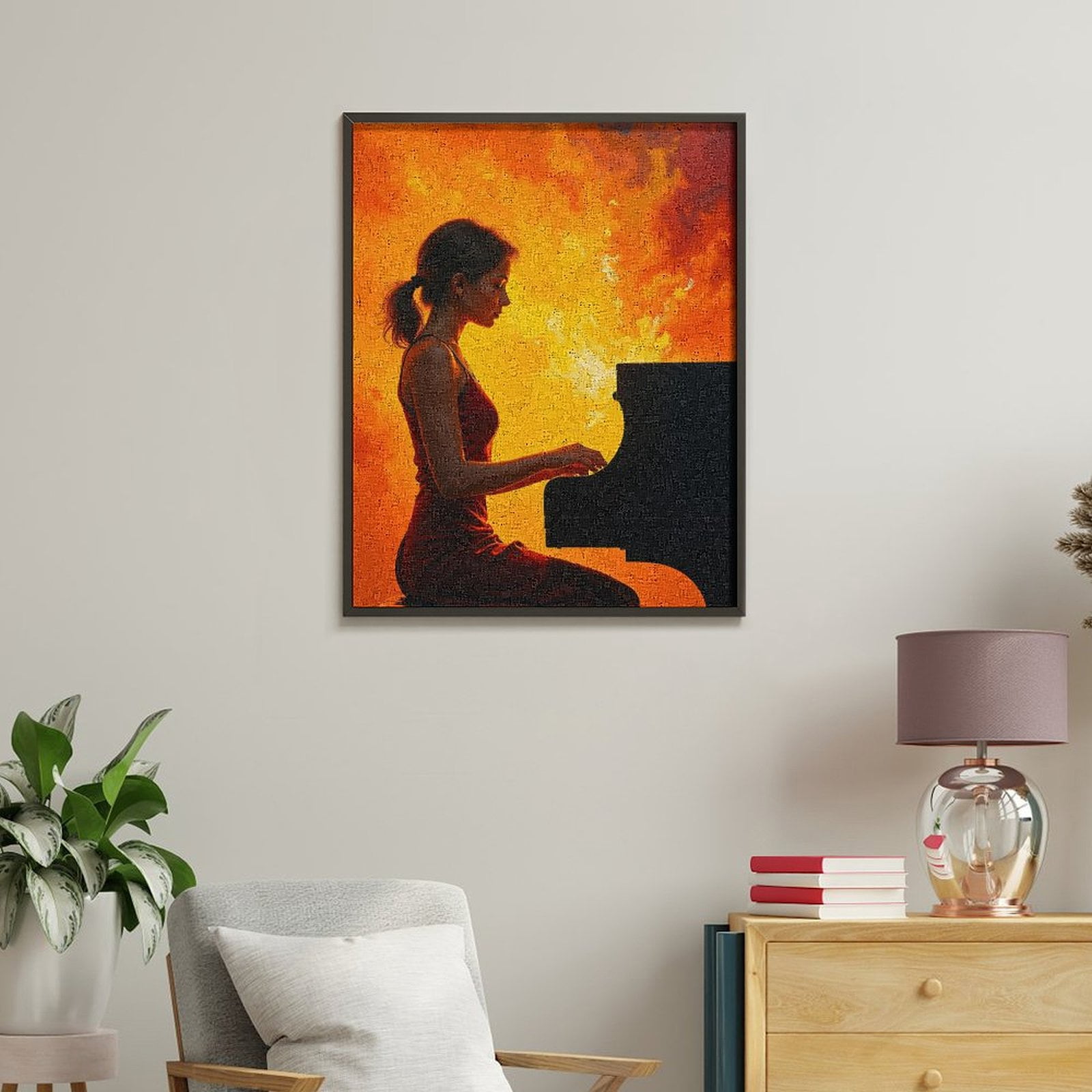 Paint By Numbers Kit for Adults Beginner - Pianist In Fiery Silhouette Mood DIY Canvas Painting Kits for Adults, Frameless Paint By Number for Adults for Home Wall Decor 16x20 Inch