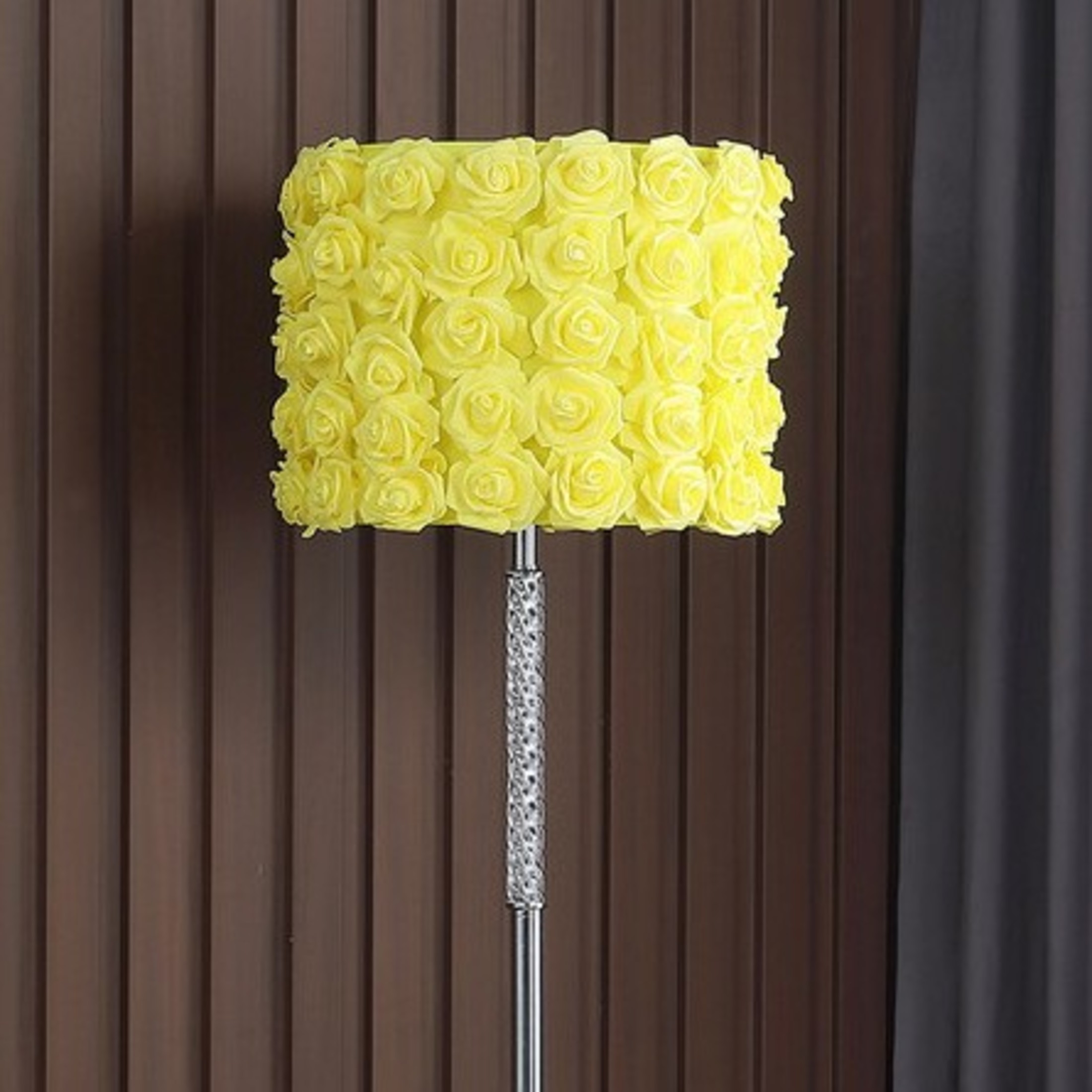 Noble House 63" Roses Floor Lamp, Twisted Acrylic Body, Drum Shade, Step-On Switch, Chrome Base, Yellow