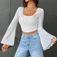 thumbnail image 2 of Annhoo Crop Tops for Women Long Flare Sleeve Scoop Neck T Shirts Fall Fashion Textures Going out Blouse Tees, 2 of 9