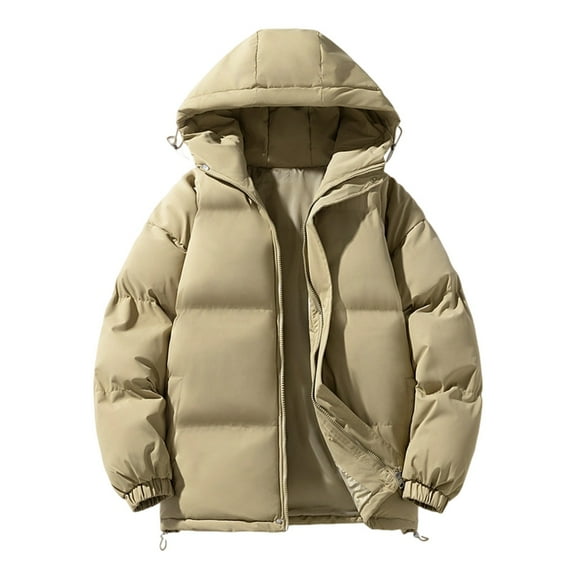 Zimjoy Khaki Winter Jackets for Men Thick Warm Mens Puffer Jacket with Hood Big and Tall Lightweight Down Coat Outdoor Hooded Jacket, Beige L