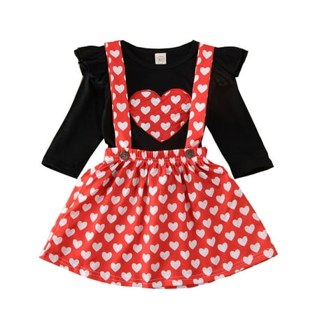 

Toddler Baby Girls Valentine s Day Long Sleeve Strap Skirt Set Lovely Pleated Sleeve Round Neck Top Fashion Love Heart Print Strap Short Dress Two Piece Set