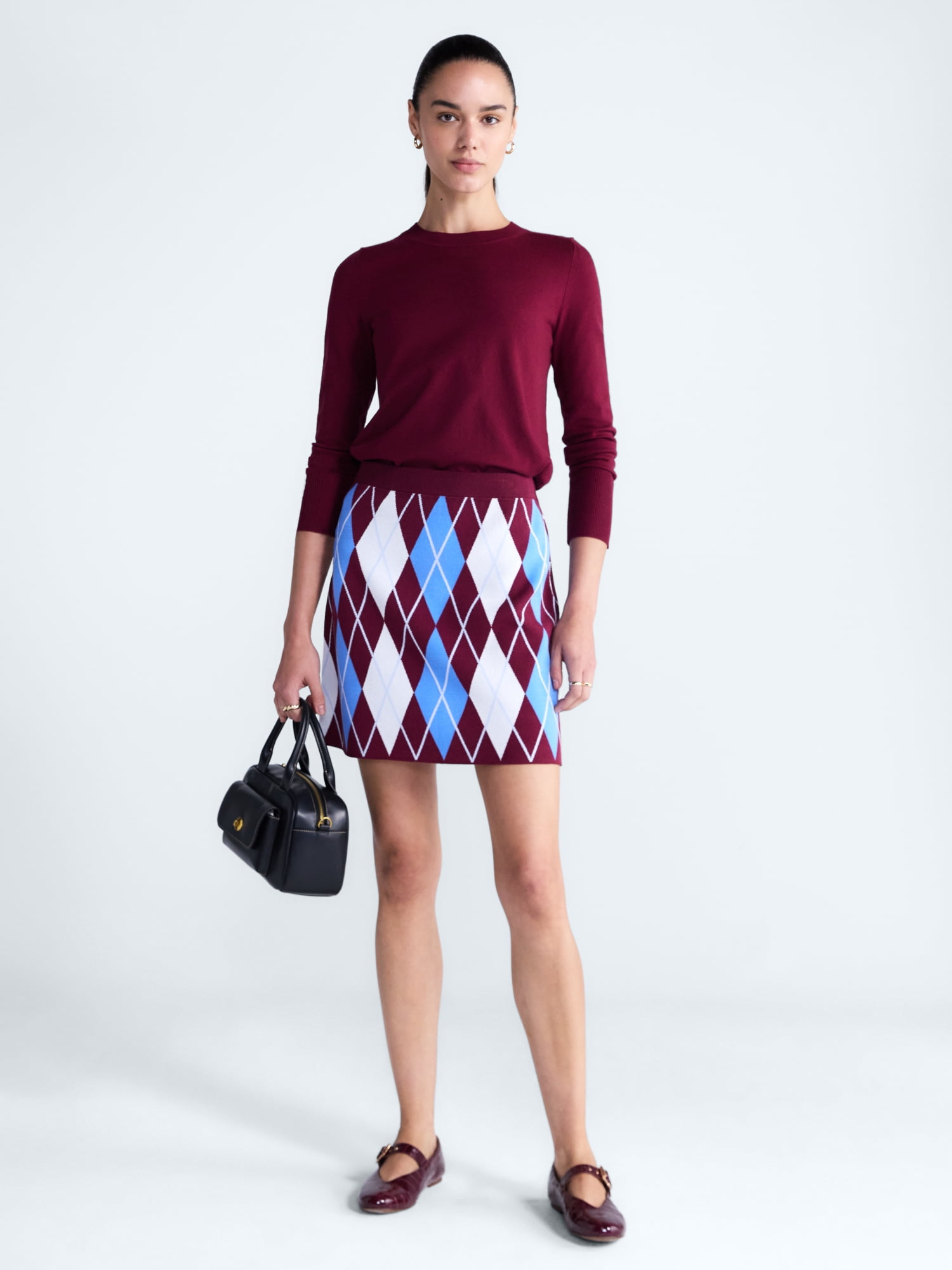 Free Assembly Women's and Women's Plus Missy Pull On Argyle Mini Pull On Sweater Skirt, Sizes XS-4X